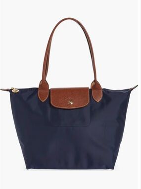 Navy Tote Bag with Brown Trim - Classic Lightweight Shoulder Tote